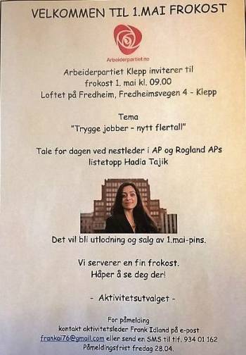 Invitasjon 1.mai-frokost Klepp Arbeiderparti