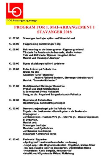 LO i Stavanger og omegn 1.mai program 2018