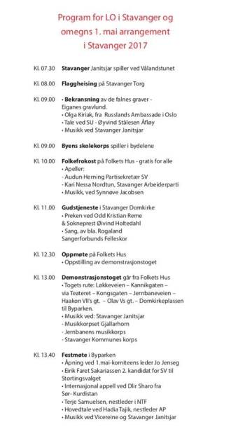 LO i Stavanger 1.mai program 2017