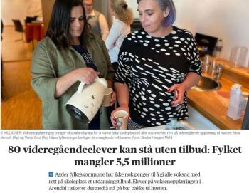 Faksimile fra Agderposten med Nina og Vanja med tittel: 80 videregåendeelever kan stå uten tilbud: Fylket mangler 5,5 millioner