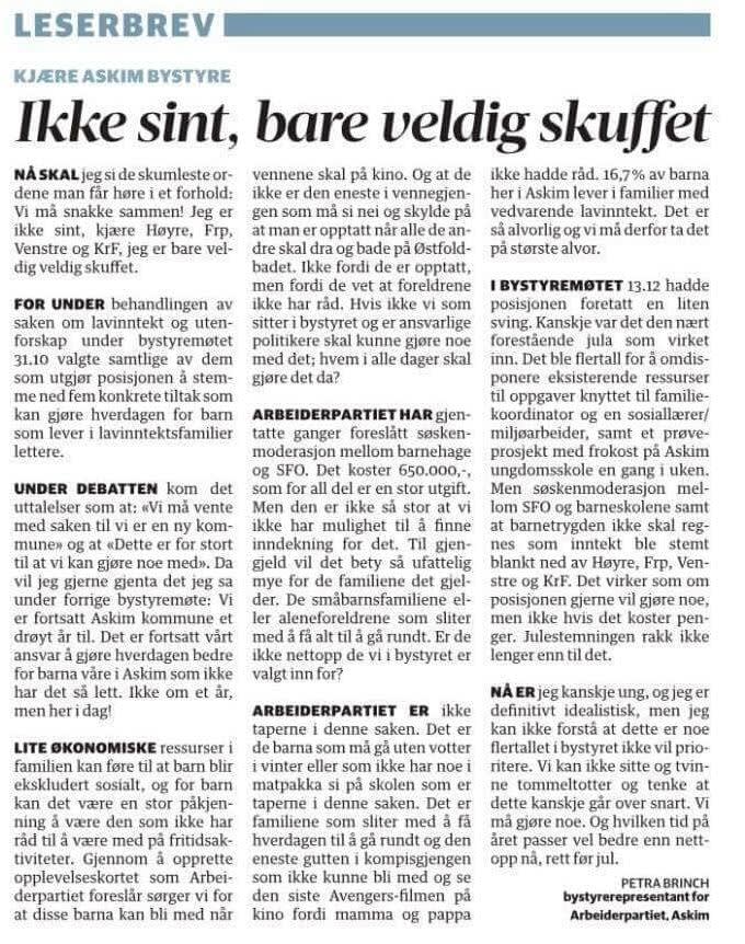 Petra Brinch tar et oppgjør med posisjonen i Askim bystyre som stemte ned forslag mot å begrense en høy andel av barnefattigdom som kommunen opplever