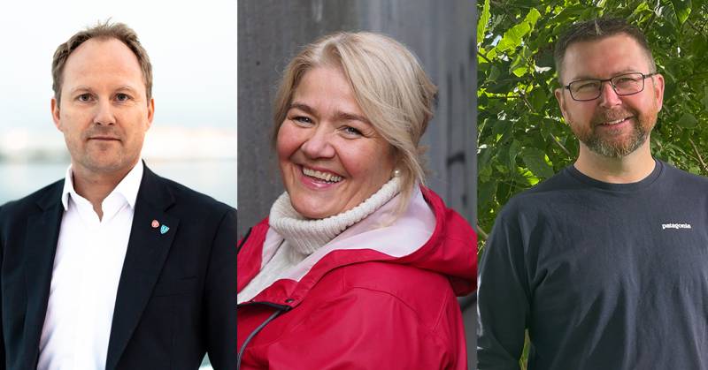 Remi Solberg står ute, Elin Dahlseng Eide står ved en grå vegg å smiler, Per Christian Jacobsen står ute fremfor et tre å smiler