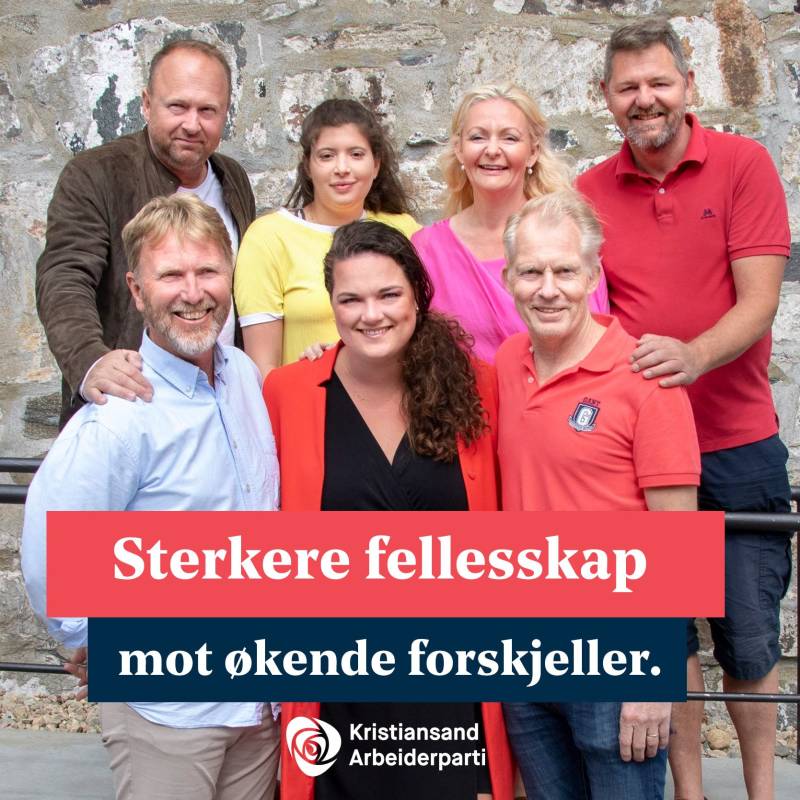 Kristiandsand Aps syv smilende toppkandidater.
Tekstet med: Sterkere fellesskap mot økende forskjeller. Kristiansand Arbeiderparti.