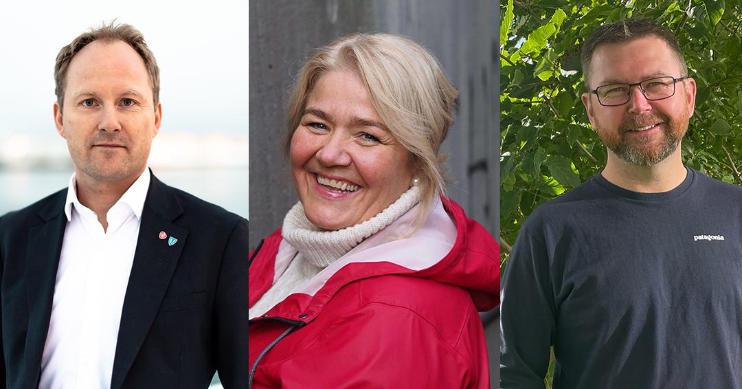 Remi Solberg står ute, Elin Dahlseng Eide står ved en grå vegg å smiler, Per Christian Jacobsen står ute fremfor et tre å smiler
