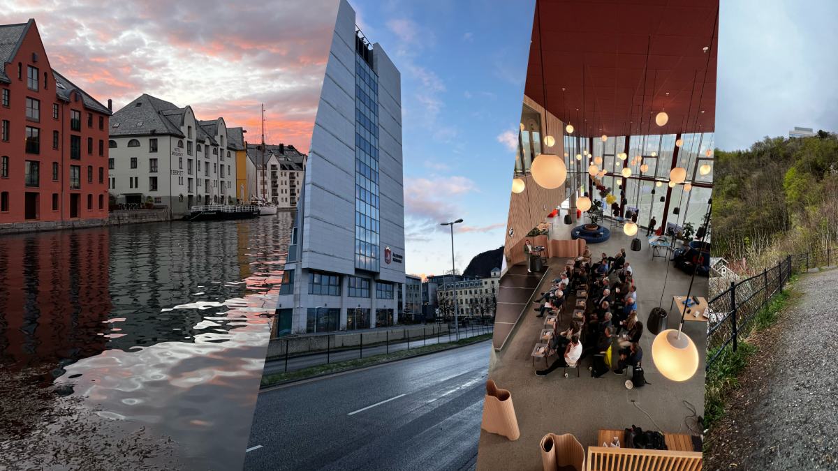 Bildet er sammensatt av fire bilder. Fra venstre ser man brosundet i solnedgang, Ålesund rådhus, innsiden av Sundebygget og aksla