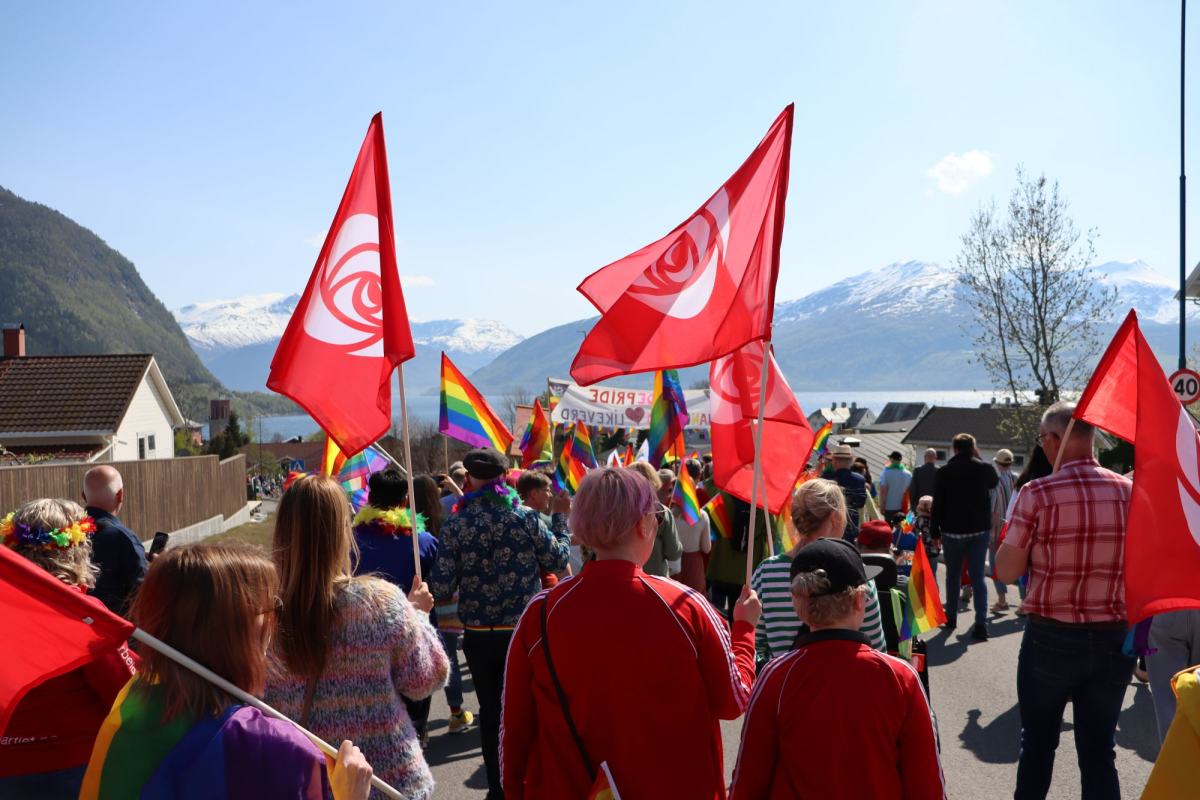 Bildet viser regnbue- og Arbeiderpartiflagg vaie i vinden på Bygdepride i Volda.