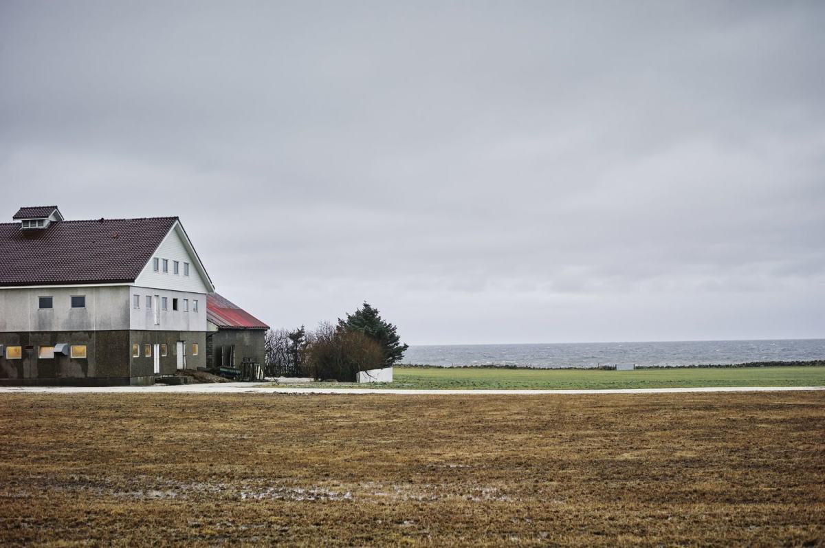 Vakkert landskapsbilde av en gård, med jorde i forgrunnen og havet i bakgrunnen. Foto: Øivind Haug