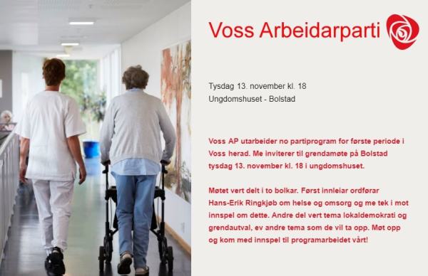 Voss AP utarbeider no partiprogram for første periode i Voss herad. Me inviterer til grendamøte på Bolstad tysdag 13. november klokka 1800 i Ungdomshuset.
