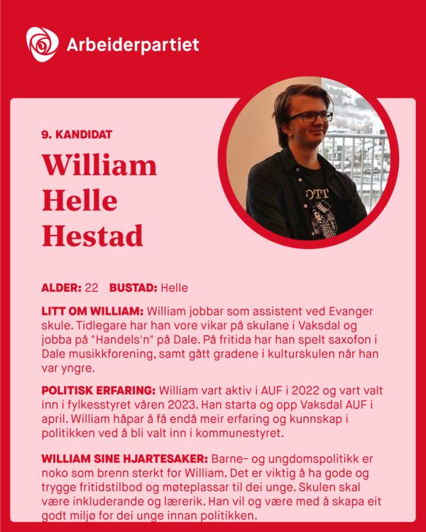 Presentasjon av William Helle Hestad for kommunevalget 2023