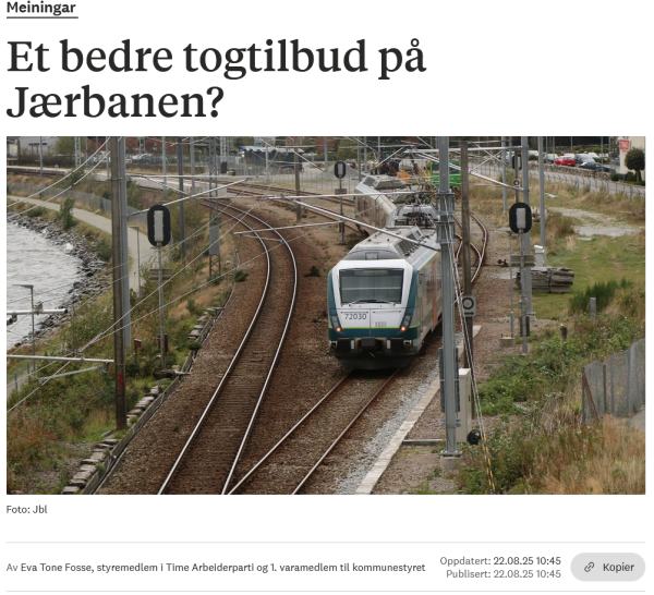 Leserinnlegg Eva Tone Fosse om Jærbanen i Jærbladet