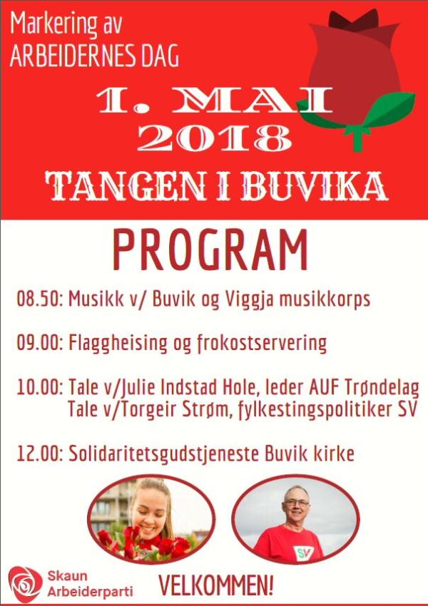 Velkommen til 1. mai feiring på Tangen i Buvika med etterfølgende Solidaritetsgudstjeneste i Buvik Kirke.