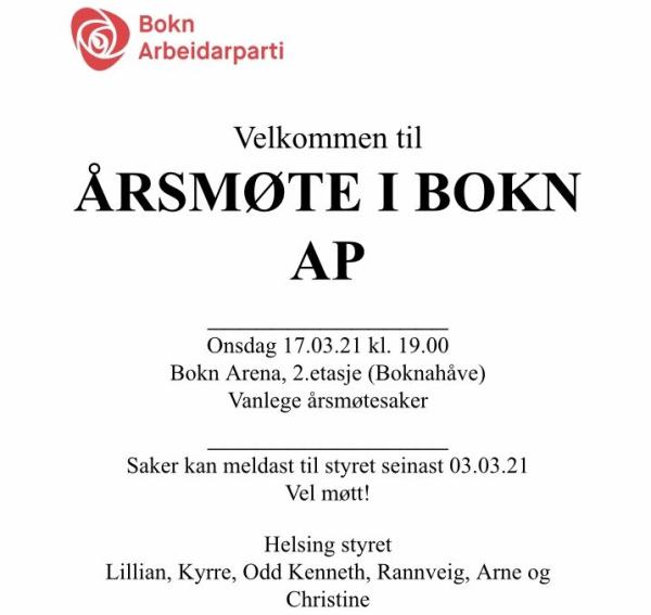 Onsdag 17.03.21 kl. 1900 i Bokn Arena, 2 etg (Boknahåve)