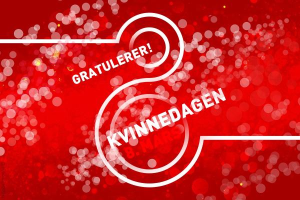 Rødt bilde hvor det står gratulerer kvinnedagen 8. mars