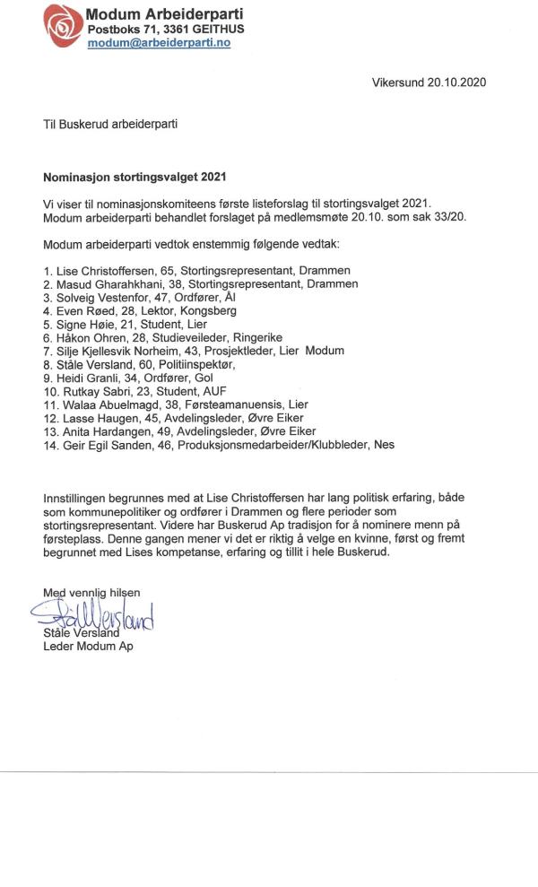 Brev til nominasjonskomiteens første listeforslag av 20.10.2020