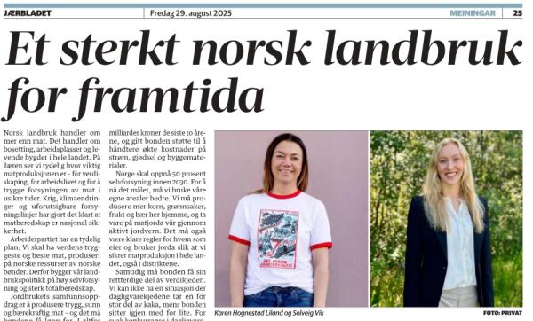 Leserinnlegg fra Karen Hognestad Liland og Solveig Vik om landbruk