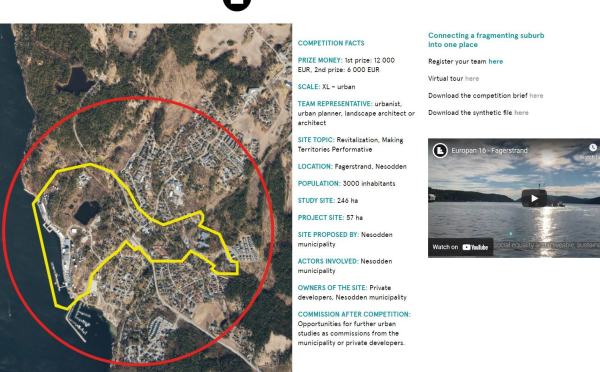 Flyfoto over Fagerstrand med grensene for Fagerstrand sentrum og sjøside tegnet inn.