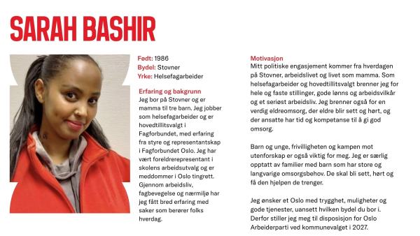 Sarah Bashir stiller til valg