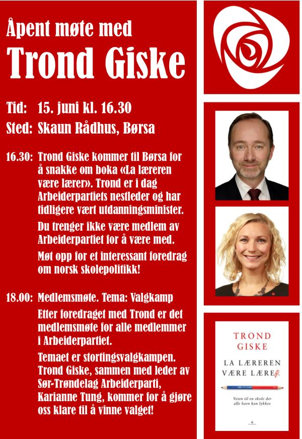 På torsdag får vi besøk av det som meget mulig kan bli vår nye kunnskapsminister i høst (y) - vi inviterer medlemmer og alle andre engasjerte og nysgjerrige skauninger til et åpent møte med Trond Giske på Skaun rådhus førstkommende torsdag kl. 16.30. Tema: Skolepolitikk.
Kl. 18.00 er det medlemsmøte for medlemmer. Både Trond og Karianne vil være tilstede - og fokus vil selvfølgelig være valgkampen.
Vel møtt!