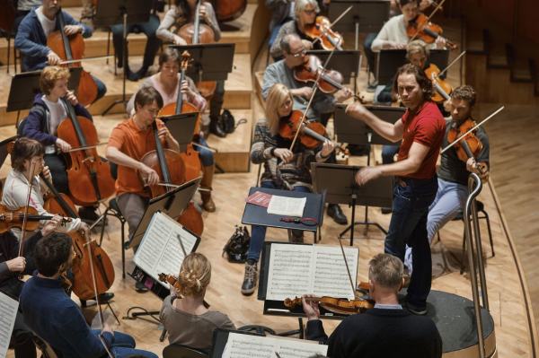 Oversiktsbilde av strykeinstrumentalistene i et orkester. Foto: Øivind Haug
