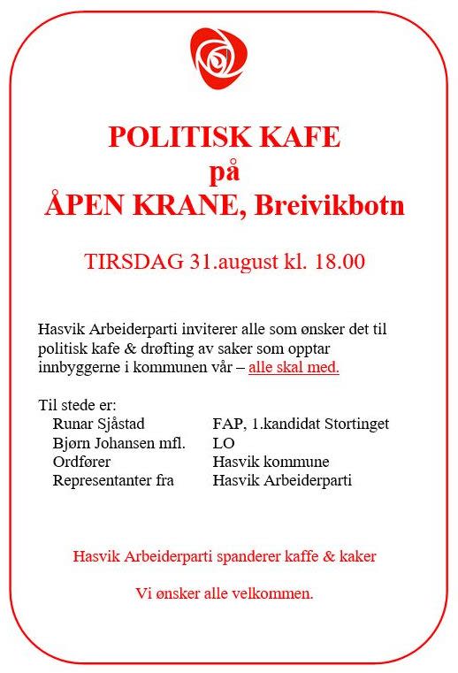 Politisk kafe avholdes på Åpen Krane 31.8.21 kl 1800