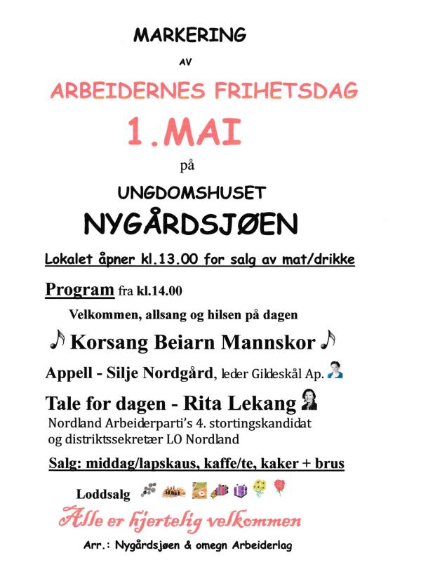 ANNONSERING AV ÅRETS 1. MAI-ARRANGEMENT 2017
PÅ UNGDOMSHUSET, NYGÅRDSJØEN