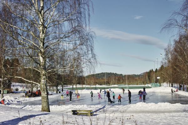 En gjeng med barn står på skøyter i en idrettspark. Foto: Øivind Haug