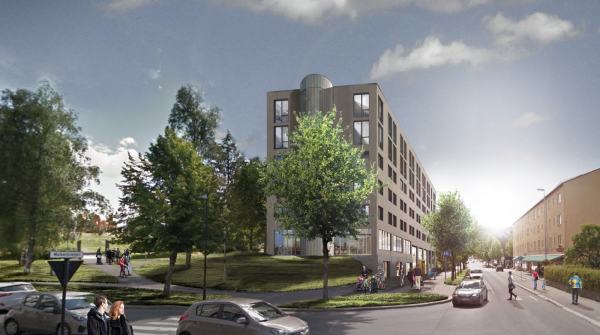 Hotell i Byparken sett nordfra. Illustrasjon: Link Arkitekter.