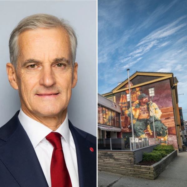 Bilde av Jonas Gahr Støre og Folkets hus i Stavanger