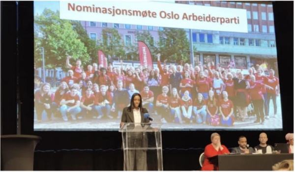 Muna Guleid taler til representantskapet i Oslo Arbeiderparti.