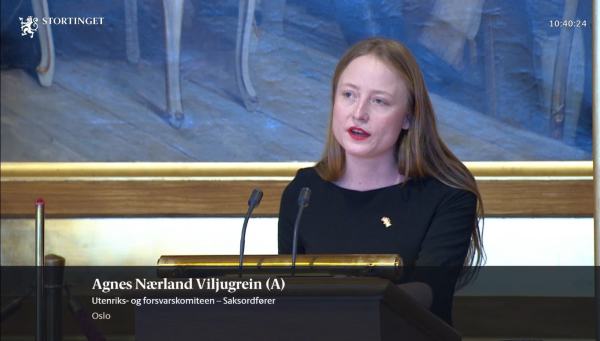 Agnes Viljugrein på talerstolen i stortinget
