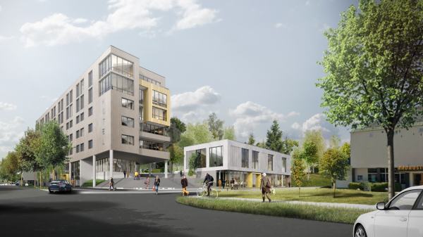 Hotell i Byparken sett fra sørsiden. Illustrasjon: Link Arkitekter.