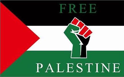 Palestinsk flagg med knytteneve og tekst: Free Palestine