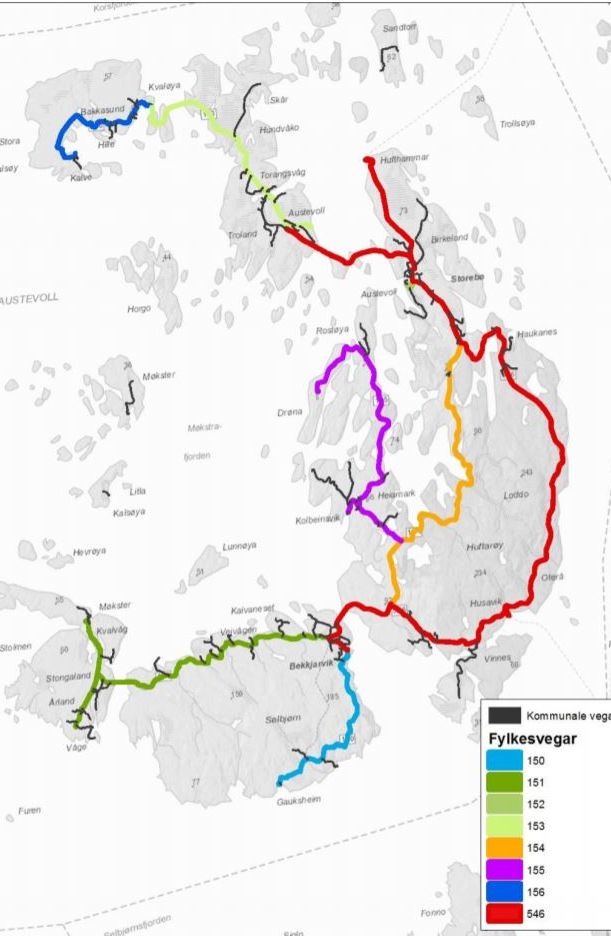 Kart over Austevoll som viser fylkesvegane