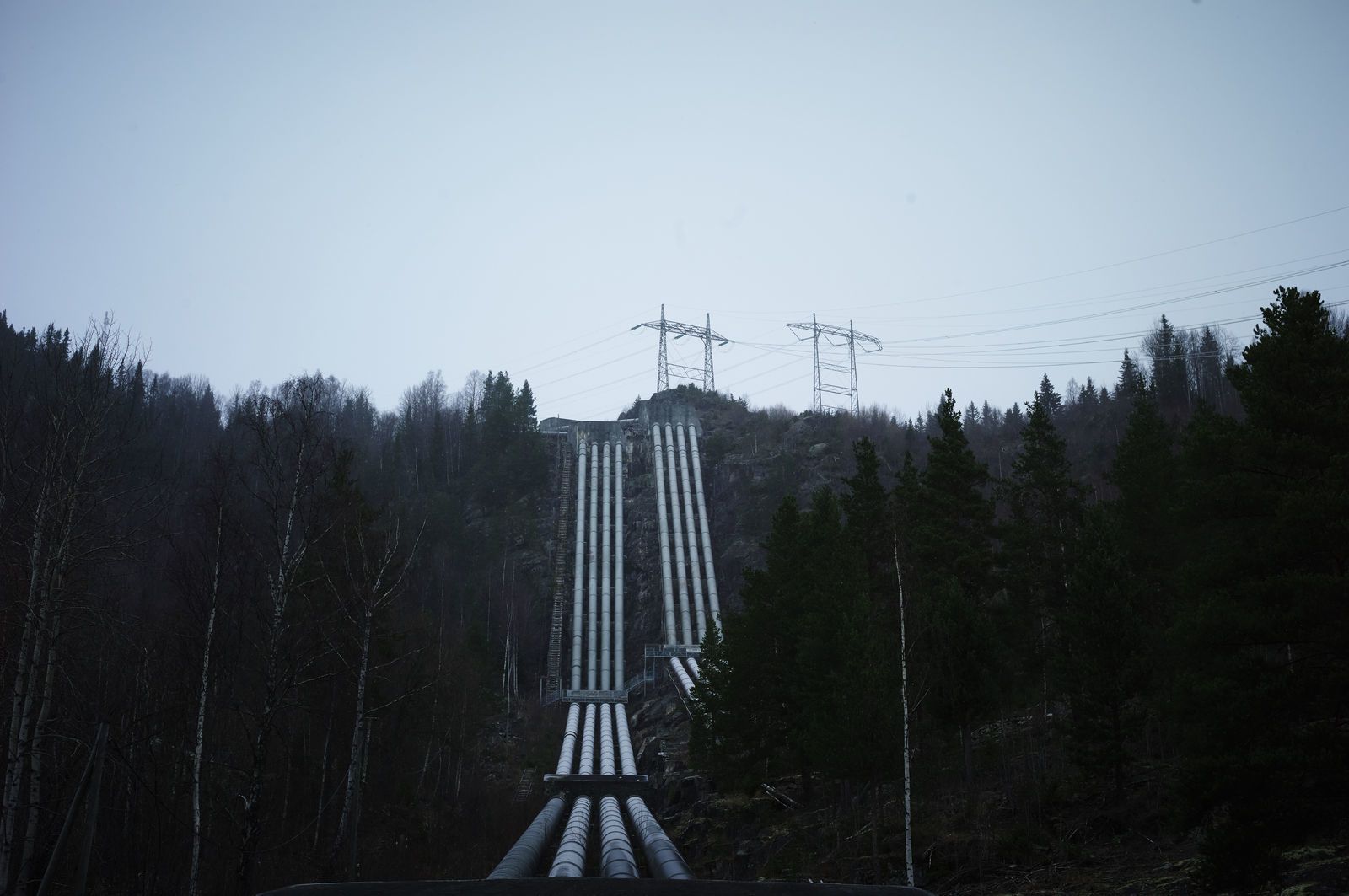 Brede kraftledninger strekker seg opp en fjellskrent. Foto: Øivind Haug