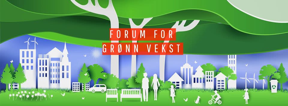 Illustrasjonsbilde for Forum for grønn vekst: Bilde av stilisert by med mennesker, blå himmel, grønne trær og gress. Og vindmøller, resirkuleringsbøtter og blomster. 