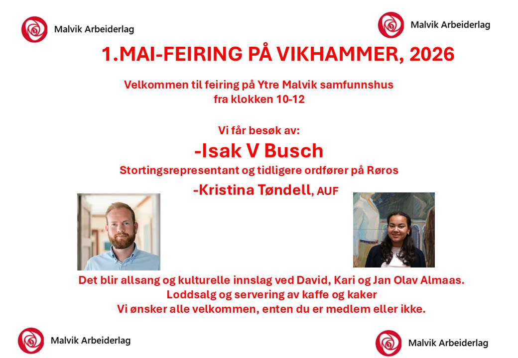 Annonsering av 1. mai arrangement på Vikhammer