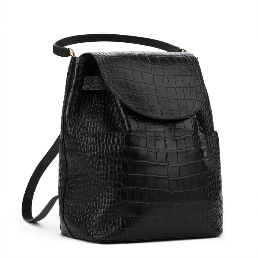 RBG Women\'s Black Drawstring Genuine Leather Croc‎ Embossed Backpack luxury-crocodile-genuine-  main image 3