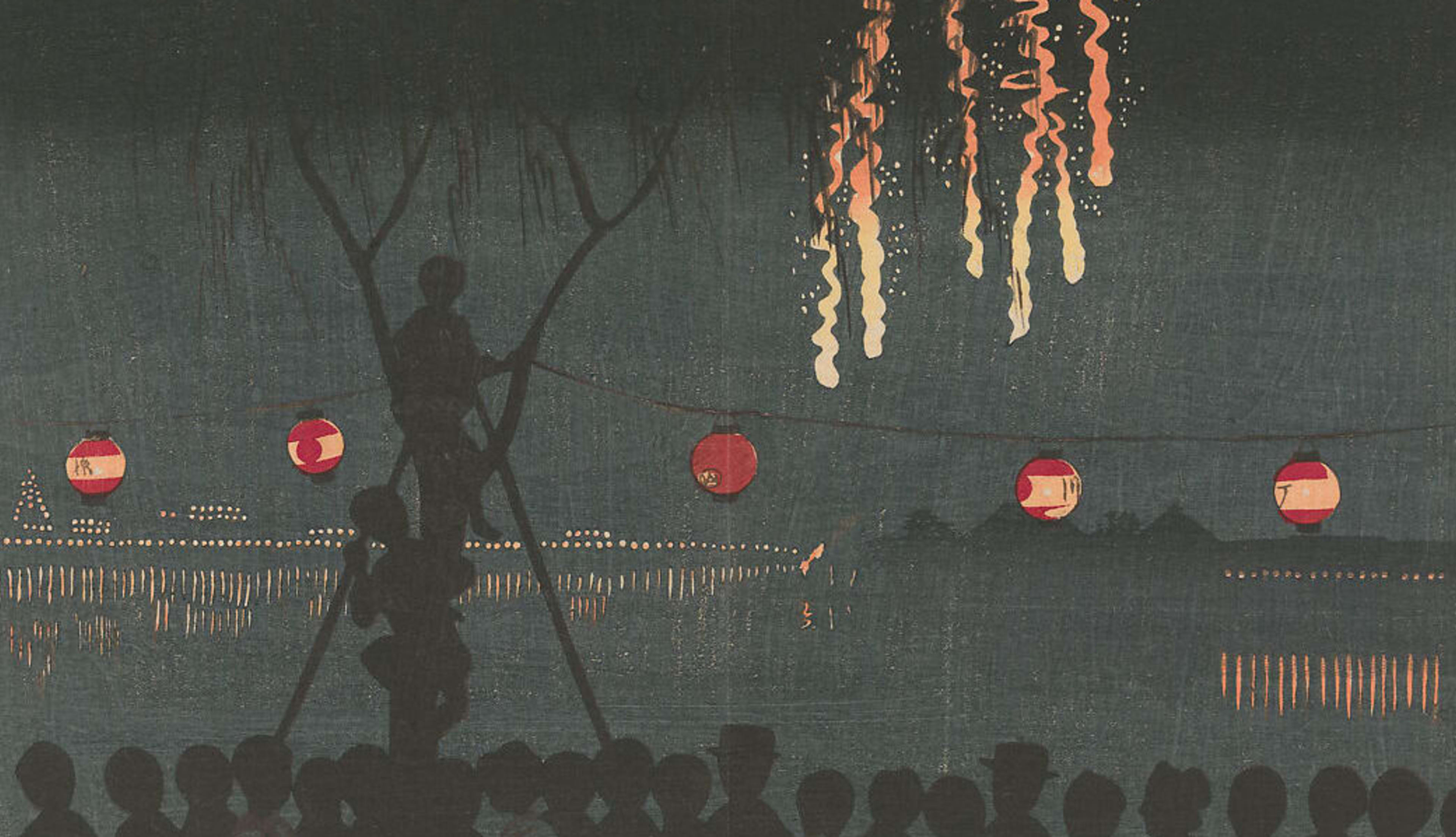 Kobayashi Kiyochika_Fireworks at Ikenohata