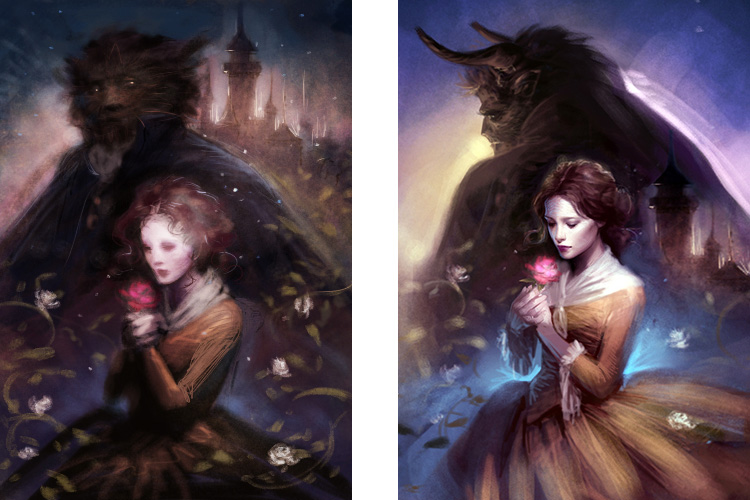 Melanie Delon initial rough digital sketches for Beauty and the Beast