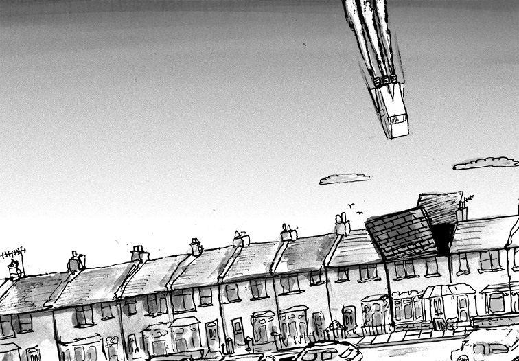 Illustration by Neal Layton from Tony Spears - rocket blasting off from rooftop
