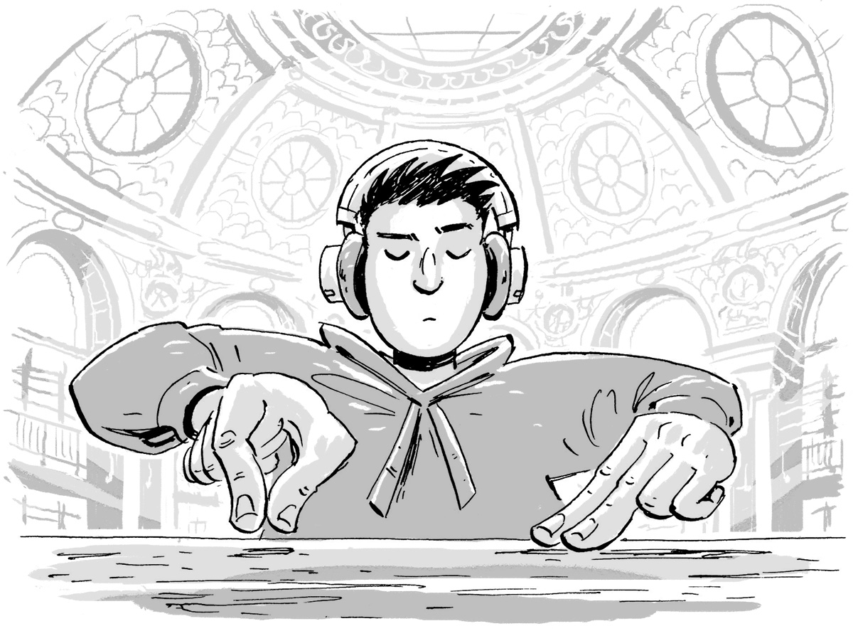 Inside illustration by Euan Cook of a DJ for the book: The Jules Verne Prophecy