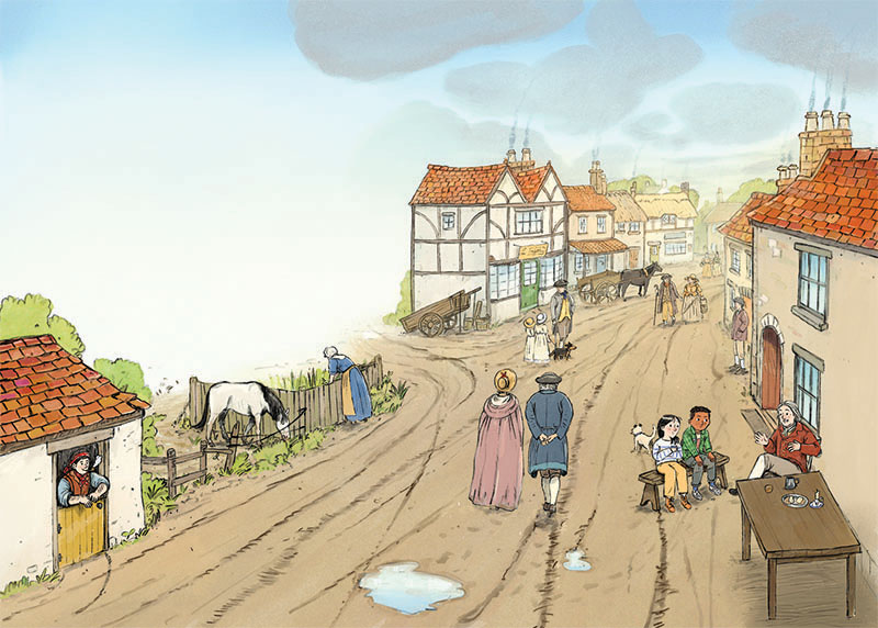 Inside book illustration by Joe Lillington for Edward and the Miracle Discovery based around the true story of Edward Jenner the scientific pioneer who discovered vaccination against smallpox