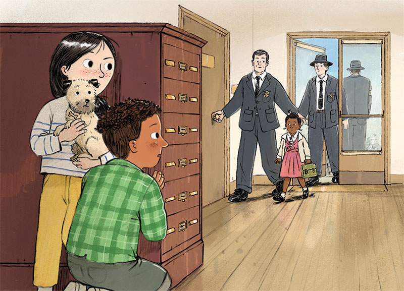 Interior book illustration by Joe Lillington. Published by Editions Milan and written by Mim part of a series of historical fiction books for children called The Wonderful Attic a time travelling adventure. This tells the story of Ruby Bridges a schoolgirl like no other... she’s the first African-American child to attend an all-white school…