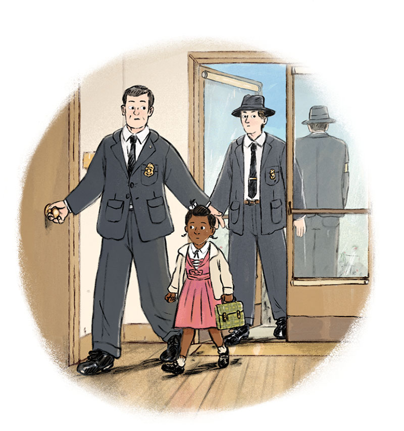 Interior book illustration by Joe Lillington. Published by Editions Milan and written by Mim part of a series of historical fiction books for children called The Wonderful Attic a time travelling adventure. This tells the story of Ruby Bridges a schoolgirl like no other... she’s the first African-American child to attend an all-white school…