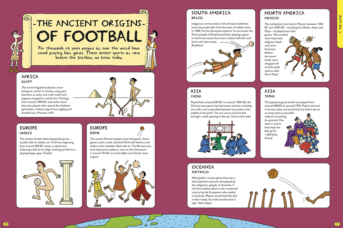 Interior illustration from The Football School Encyclopedia - The Ancient Origins of Football illustrated by Spike Gerrell