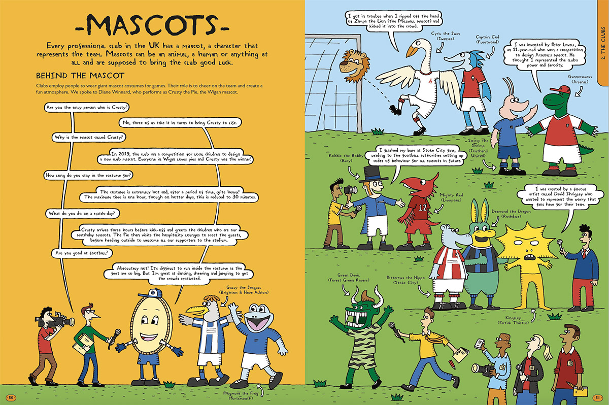 Interior illustration by Spike Gerrell of Mascots from The Football School Encyclopedia 