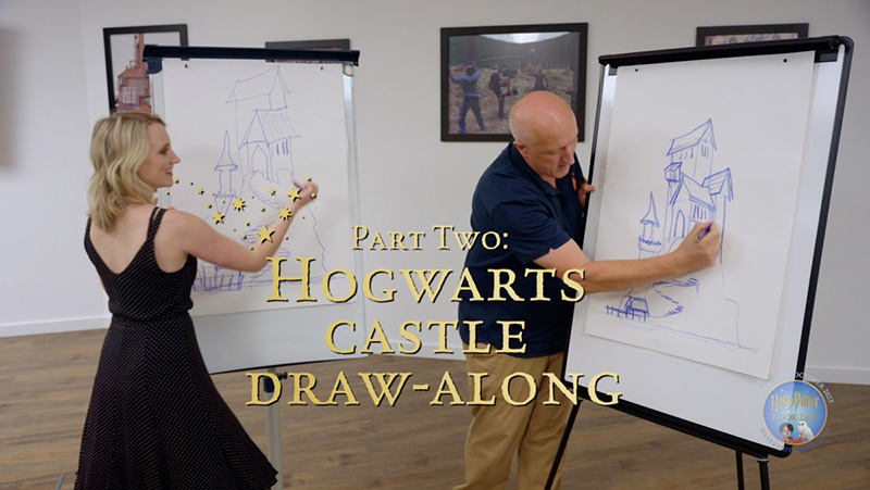 Photograph of Jonny Dubble and Actor Evana Lynch drawing the Hogwarts Castle