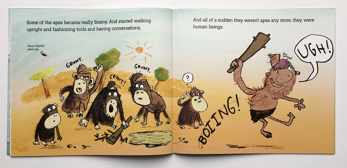 The Story of Everything by Neal Layton interior spread  about apes and human beings