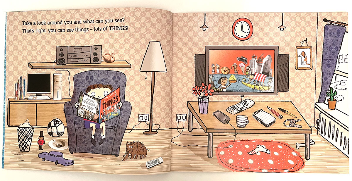 Double page spread illustration from inside the picture book - The Story of Things by Neal Layton