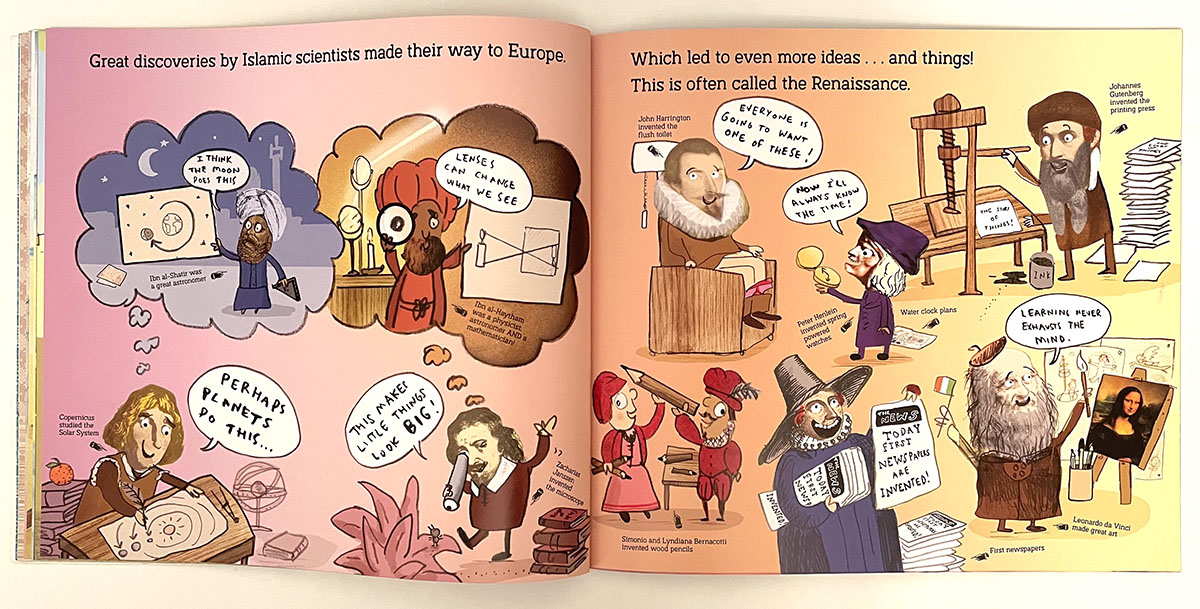 Double page spread illustration from inside the picture book - The Story of Things by Neal Layton